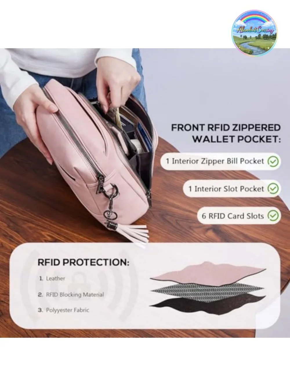 Vegan Leather Crossbody Purse with Built-in RFID Wallet, Adjustable Strap
